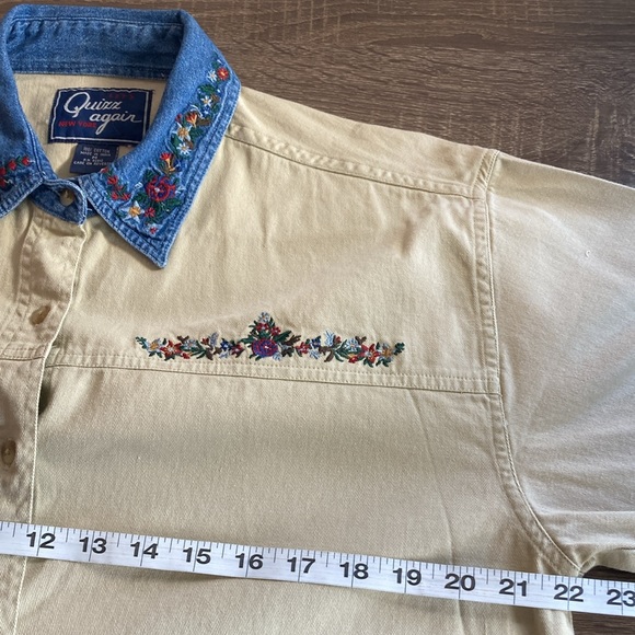 Vintage Women’s Quizz Again Floral Embroidered ButtonDown Denim Khaki Boho Shirt - Picture 4 of 7